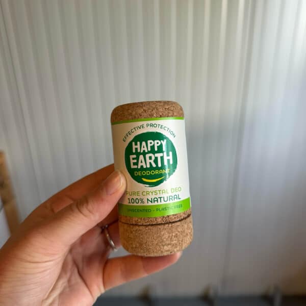 Happy Earth natuurlijke deodorant Crystal aluin stick 90 gram, geurloze vegan deodorant zonder parfum in plasticvrije kurkverpakking