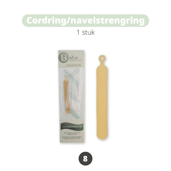 Cordring navelstrengring, latexvrij, voor een veilige en hygiënische afkapping van de navelstreng. Dit product is onderdeel van het Natuurlijk & Duurzaam Kraampakket – Basis.