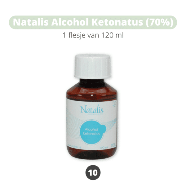 Natalis Alcohol Ketonatus 70%, sterilisatiealcohol voor hygiënisch gebruik. Dit product is onderdeel van het Natuurlijk & Duurzaam Kraampakket – Basis.