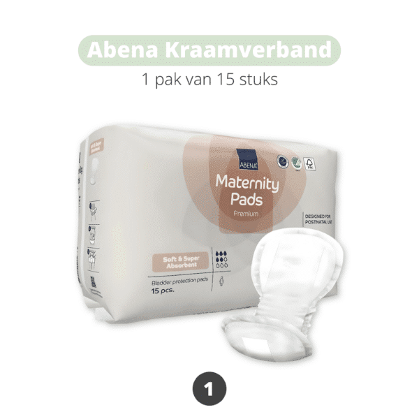 Abena kraamverband dat ook in het kraampakket zit, superzacht en huidvriendelijk, ontworpen voor gebruik na de bevalling. Dermatologisch getest, met een absorptievermogen van 800 ml.