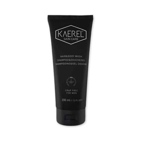 Kaerel Shampoo & Douchegel – 2-in-1 natuurlijke verzorging voor mannen in een blauwe fles, geschikt voor haar en lichaam.