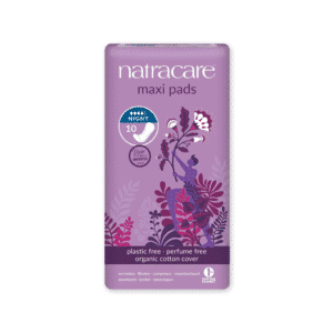 Natracare Maandverband – Maxi Pads Night, extra lang en absorberend, gemaakt van natuurlijke en biologische materialen, ideaal voor gebruik tijdens de nacht.