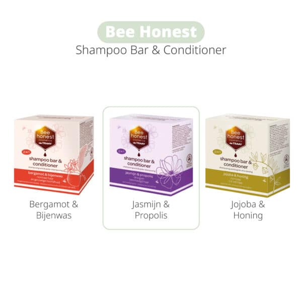 "Bee Honest Shampoo en Conditioner Bar met jasmijn en propolis: verzorgende, natuurlijke bar voor gezond en glanzend haar.