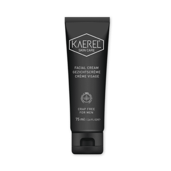 Productafbeelding van Kaerel Gezichtscrème, een natuurlijke en vegan gezichtscrème speciaal ontwikkeld voor mannen, in een minimalistische blauwe verpakking.
