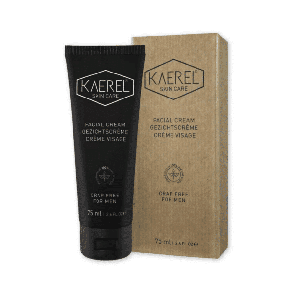 Productafbeelding van Kaerel Gezichtscrème, een natuurlijke en vegan gezichtscrème speciaal ontwikkeld voor mannen, in een minimalistische blauwe verpakking.