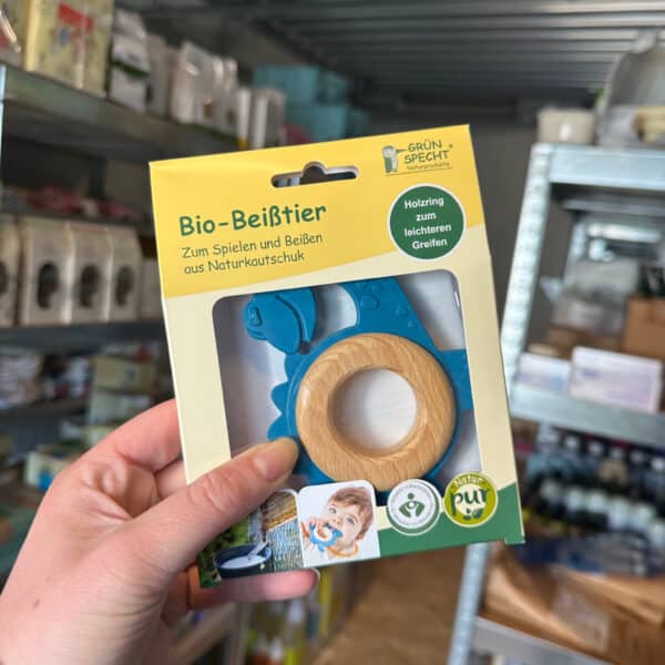 Bio bijtring van hout en natuurrubber in dino vorm van Grünspecht duurzaam en veilig bijtspeeltje voor babys