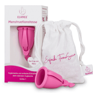 Menstruatiecup Elanee maat 1 in kleur roze, met katoenen zakje.