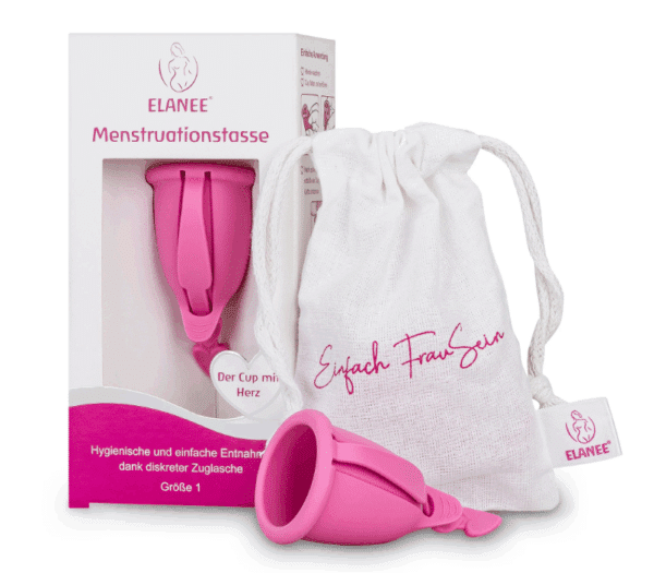 Menstruatiecup Elanee maat 1 in kleur roze, met katoenen zakje.