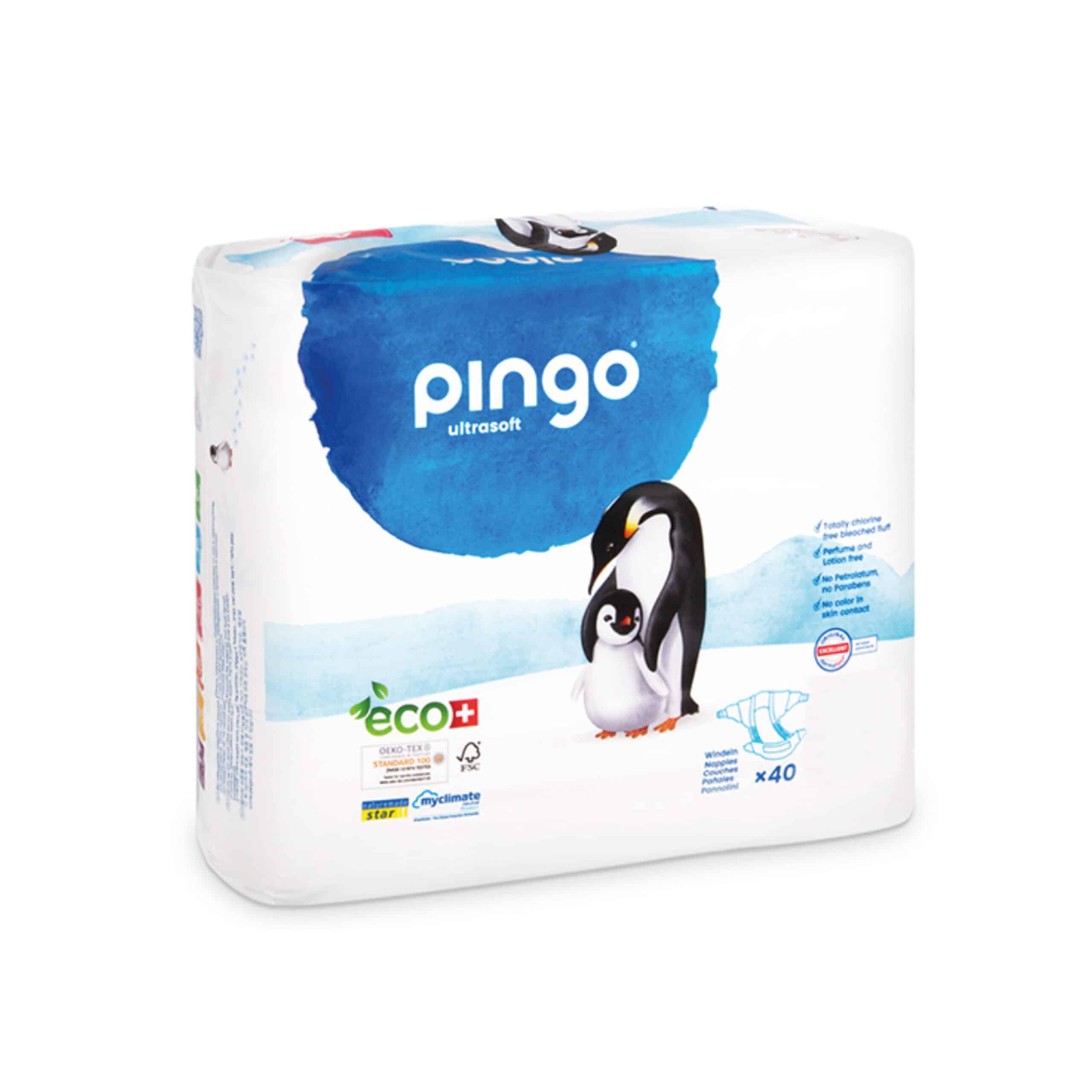 Pingo ecologische luiers maat 1 t/m 6 – milieuvriendelijke luiers met pinguïnillustratie, geschikt voor baby's, verpakt in een witte en blauwe verpakking.