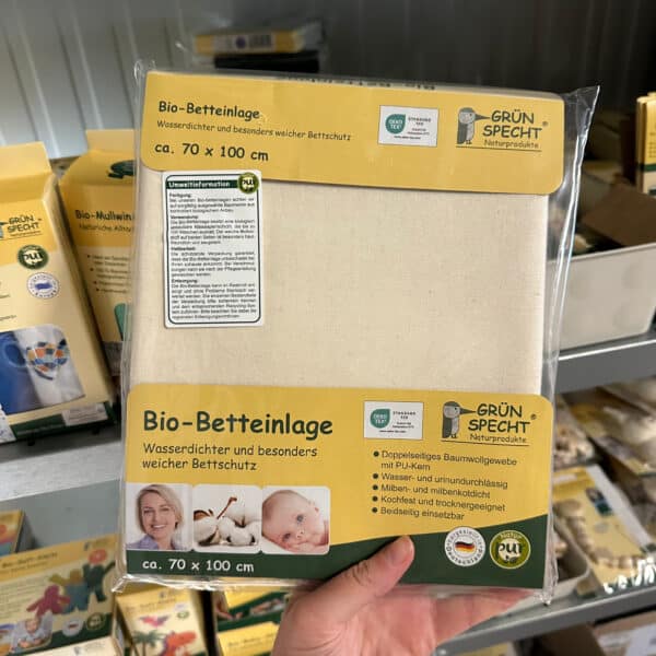 Grünspecht bio wasbare matrasbeschermer 70x140 cm – ademend en duurzaam, gemaakt van biologisch katoen voor een schoon en droog bedje.