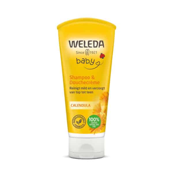 Weleda baby shampoo en douchecrème met calendula voor zachte, natuurlijke reiniging van haar en lichaam.