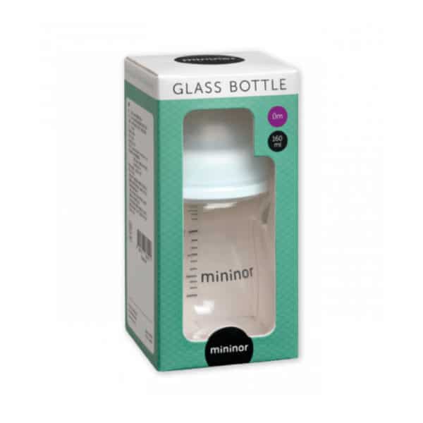 Glazen babyfles van Mininor, 160 ml, duurzaam borosilicaatglas met zachte BPA-vrije siliconen speen.