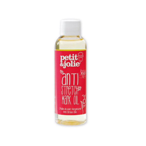 Flesje Petit&Jolie Anti-Striae Olie – natuurlijke verzorgingsolie voor de huid tijdens de zwangerschap. Hydrateert, verzacht en helpt striae te verminderen.