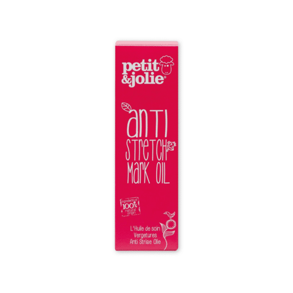 Flesje Petit&Jolie Anti-Striae Olie – natuurlijke verzorgingsolie voor de huid tijdens de zwangerschap. Hydrateert, verzacht en helpt striae te verminderen.