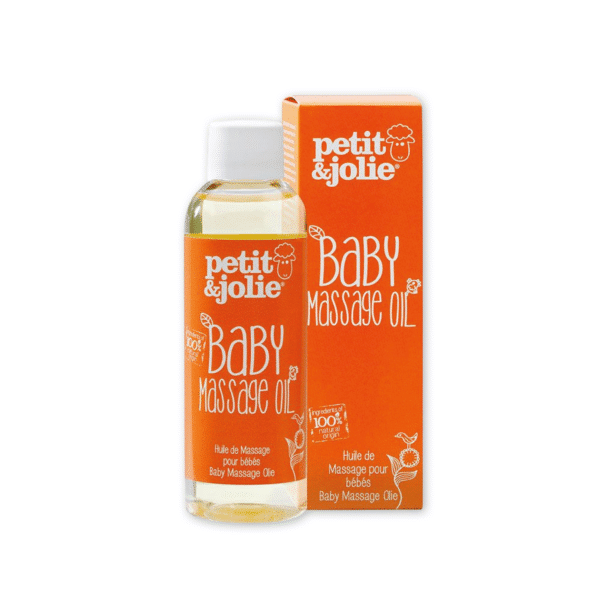 Flesje Petit&Jolie Baby Massage Olie – 100% natuurlijke olie voor een zachte en ontspannen babymassage. Hydrateert en verzorgt de gevoelige babyhuid.