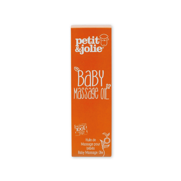 Flesje Petit&Jolie Baby Massage Olie – 100% natuurlijke olie voor een zachte en ontspannen babymassage. Hydrateert en verzorgt de gevoelige babyhuid.