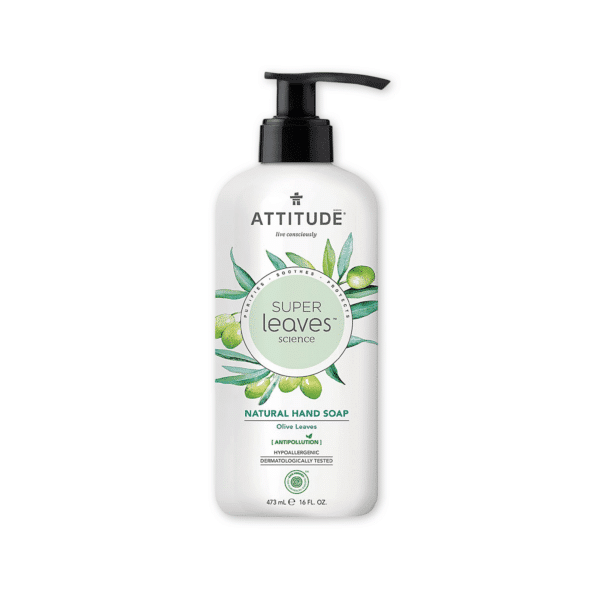 Attitude Super Leaves handzeep Olive Leaves (473 ml), zacht voor de huid en gemaakt van natuurlijke ingrediënten. Dit product is onderdeel van het Natuurlijk & Duurzaam Kraampakket – Basis.