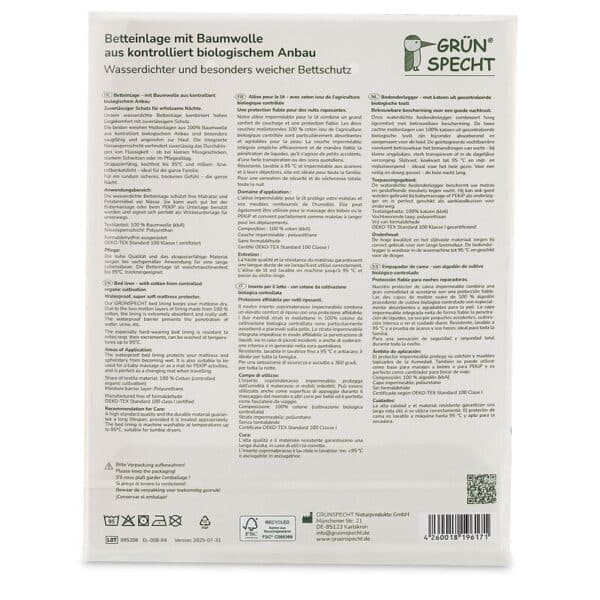 Achterzijde verpakking matrasbeschermer Grunspecht.