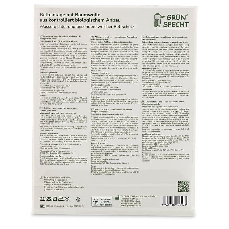 Achterzijde verpakking matrasbeschermer Grunspecht.