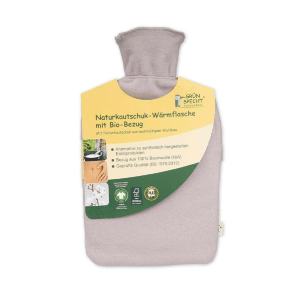 Grunspecht natuurrubber kruik van 2 liter met biologische hoes, duurzaam en warmhoudend, ideaal voor comfort en ontspanning.