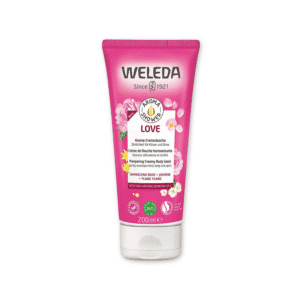 Productafbeelding van Weleda Aroma Shower Love Douchecrème, een natuurlijke en verzorgende douchecrème met de geur van damastroos, in een roze tube.