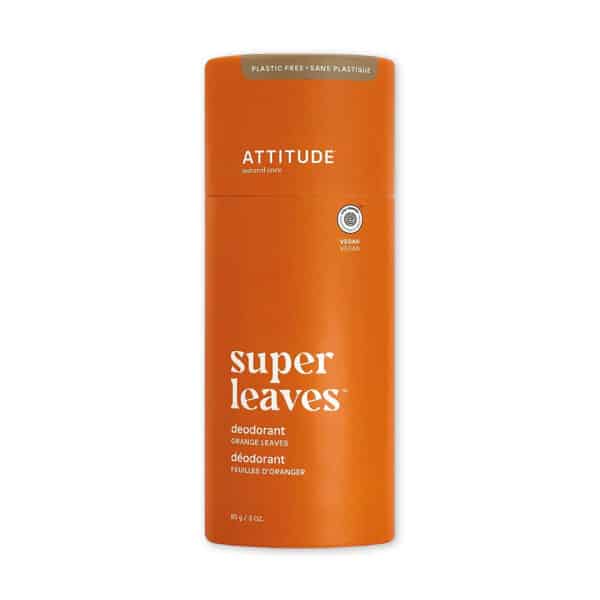 Attitude Super Leaves Deodorant – Orange, natuurlijke deodorantstick met frisse citrusgeur in kartonnen verpakking, vegan en huidvriendelijk.