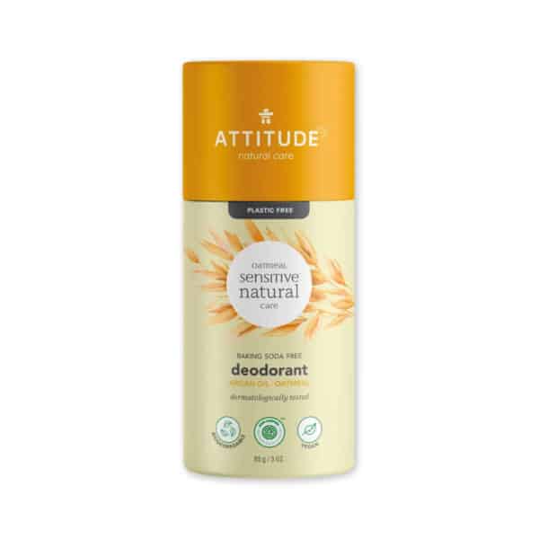 Attitude Super Leaves Deodorant – Sensitive met arganolie, natuurlijke deodorantstick in kartonnen verpakking, zacht en verzorgend voor de gevoelige huid.