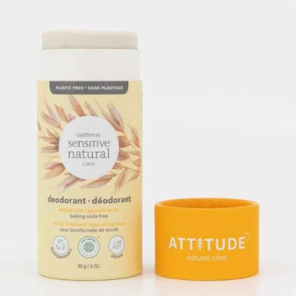 Attitude Super Leaves Deodorant – Sensitive met arganolie, natuurlijke deodorantstick in kartonnen verpakking, zacht en verzorgend voor de gevoelige huid.