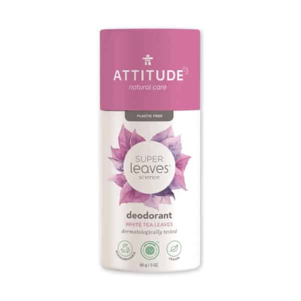 Attitude Super Leaves Deodorant – White Tea Leaves, natuurlijke deodorantstick in kartonnen verpakking, zacht voor de huid en fris geurend.