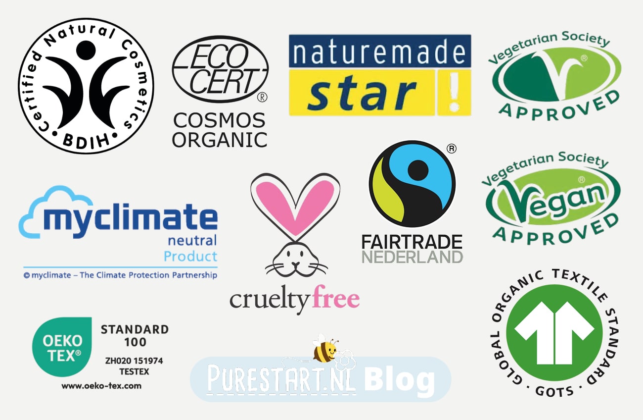 Keurmerken, GOTS, Cruelty Free, Vegan, MyClimate, NatureMade Star, Oeko Tex, Fairtrade