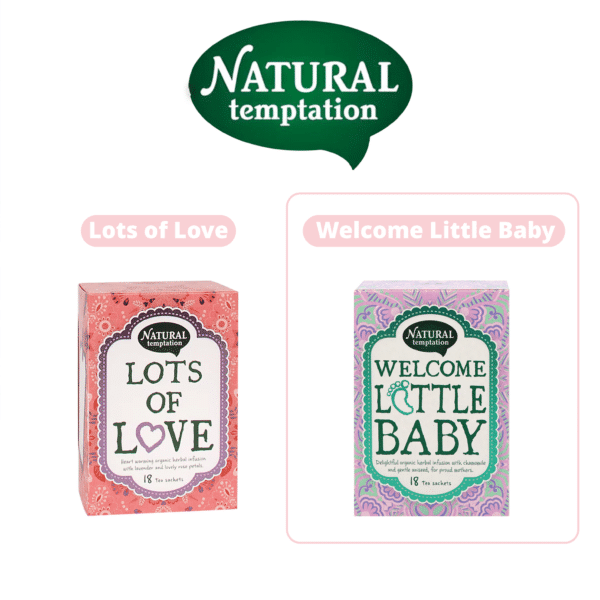 Verpakking van Natural Temptation Welcome Little Baby thee, een biologische kruidenmelange speciaal ontworpen als kraamcadeau, met een schattig en vrolijk design.