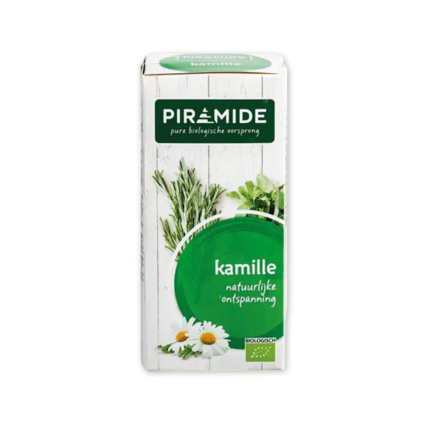 Verpakking van Piramide Biologische Kamille Kruiden thee, een 100% natuurlijke en biologische kruidenthee met een zachte en rustgevende smaak van kamille.