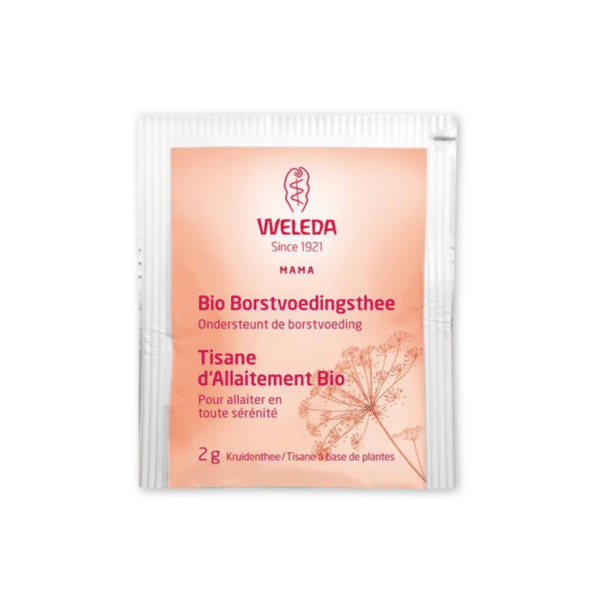 Verpakking van Weleda Mama Bio Borstvoedingsthee, een biologische kruidenmelange speciaal ontwikkeld voor moeders die borstvoeding geven, met een kalmerende en ondersteunende werking.