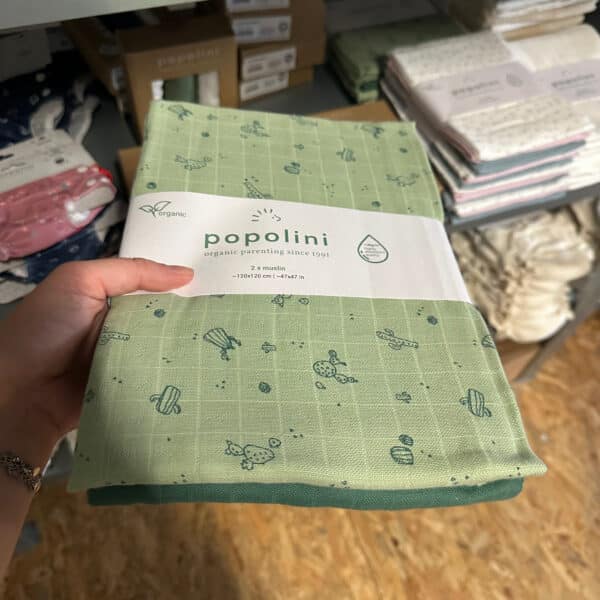 Popolini biologisch katoenen hydrofiel luiers XXL Green Cactus – extra grote en ademende hydrofiele doeken met cactusprint, perfect voor inbakeren en veelzijdig gebruik