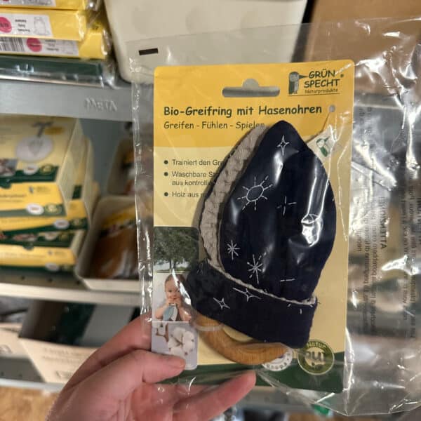 Grünspecht bio bijtring met konijnenoren grijs – natuurlijke en veilige bijtring van hout en biologisch katoen die verlichting biedt bij doorkomende tandjes