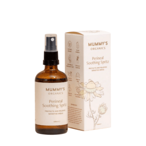 Perineum verzachtende spray met Witch Hazel van Mummy's organics in een sprayflacon.