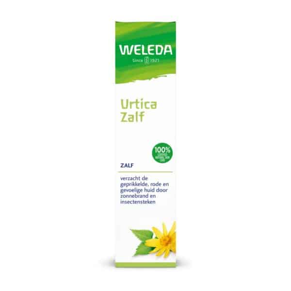 Verpakking van tube Urtica Weleda Zalf bij rode geirriteerde huid.