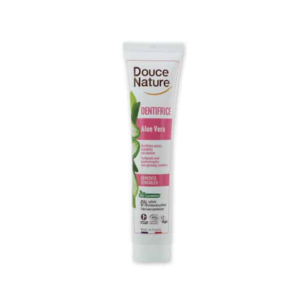 Biologische tandpasta met aloë vera van Douce Nature – 75 ml tube, speciaal voor gevoelig tandvlees, zonder fluoride en kunstmatige toevoegingen.