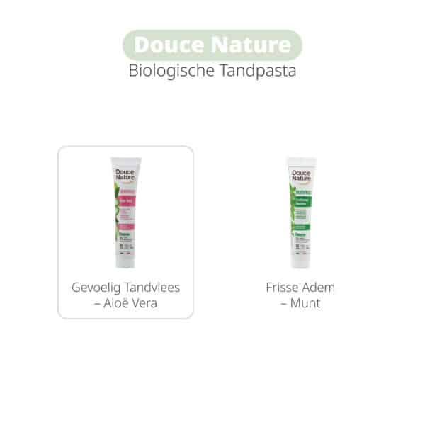Biologische tandpasta met aloë vera van Douce Nature – 75 ml tube, speciaal voor gevoelig tandvlees, zonder fluoride en kunstmatige toevoegingen.