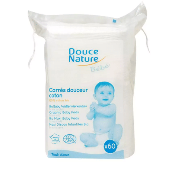 Biologische baby wattenpads van Douce Nature, 60 stuks in verpakking.