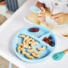 3 vaks bord blauw met eten