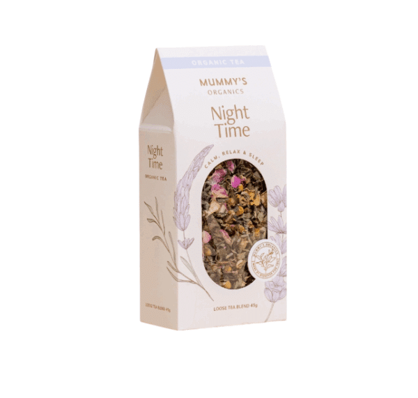 Ontspannend thee kruidenmengsel van Mummy's Organics. Bevordert ontspanning van lichaam en geest voor het slapen gaan.