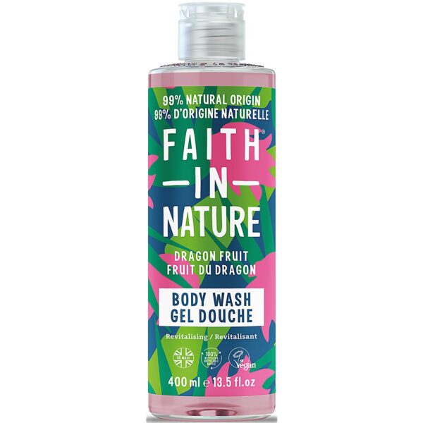 Fles met natuurlijke douchegel van FAith in Nature, met olien van dragonfruitzaden.