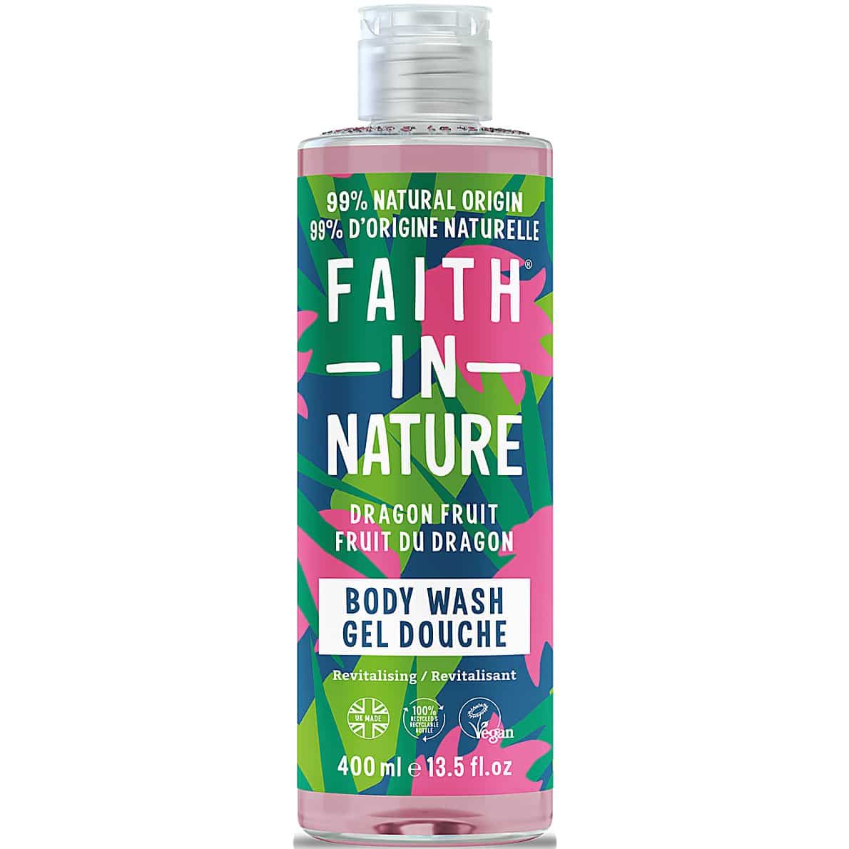 Fles met natuurlijke douchegel van FAith in Nature, met olien van dragonfruitzaden.
