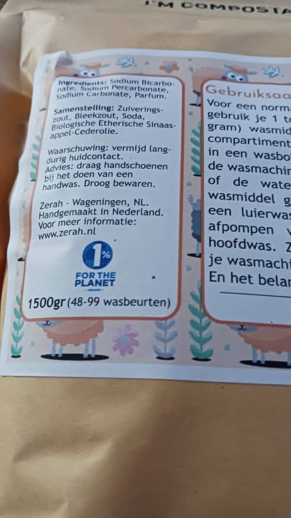 Zerah Orchard Breeze luier waspoeder achterzijde verpakking.