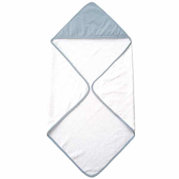 Witte badcape met ijsblauw mutjes. Van biologisch katoen van het merk SUmmerville Organic.
