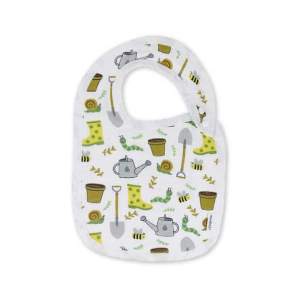 Muslinz slabbetje van biologisch hydrofiel katoen met Tuin print