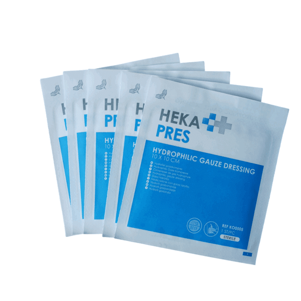 Steriele gaasjes plasticvrij verpakt, heka.