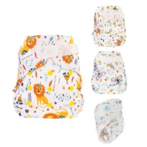 Blümchen All-in-2 wasbaar overbroekje met klittenbandsluiting en vrolijk dessin, geschikt voor baby’s en peuters van 3 tot 15 kg.
