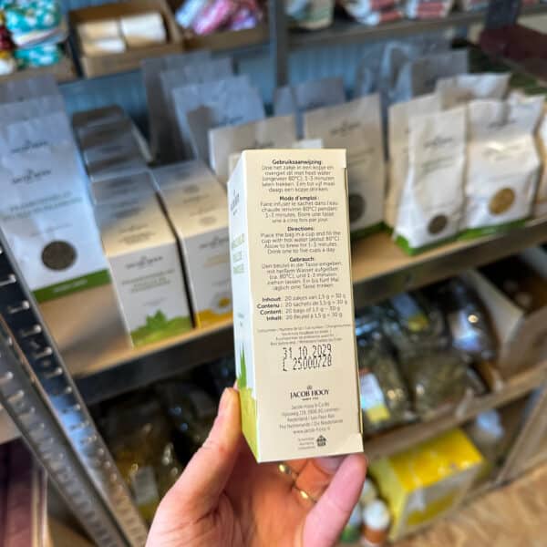 Jacob Hooy frambozenblad thee, 20 zakjes biologische kruidenthee voor ontspanning en ondersteuning tijdens zwangerschap, verkrijgbaar bij Pure Start.